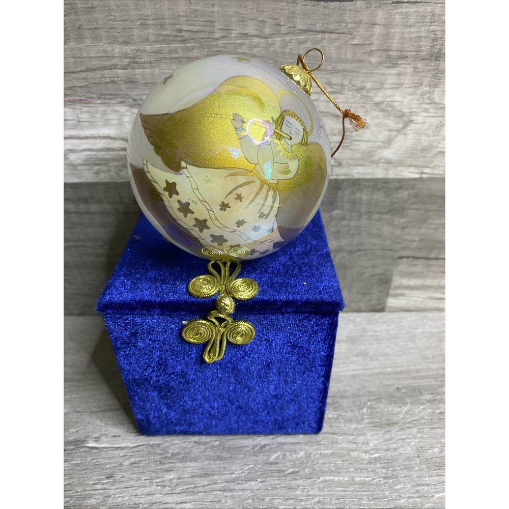 Pier 1 Li Bien 3" Glass Christmas Ornament Gold Angel Playing a Flute 2000